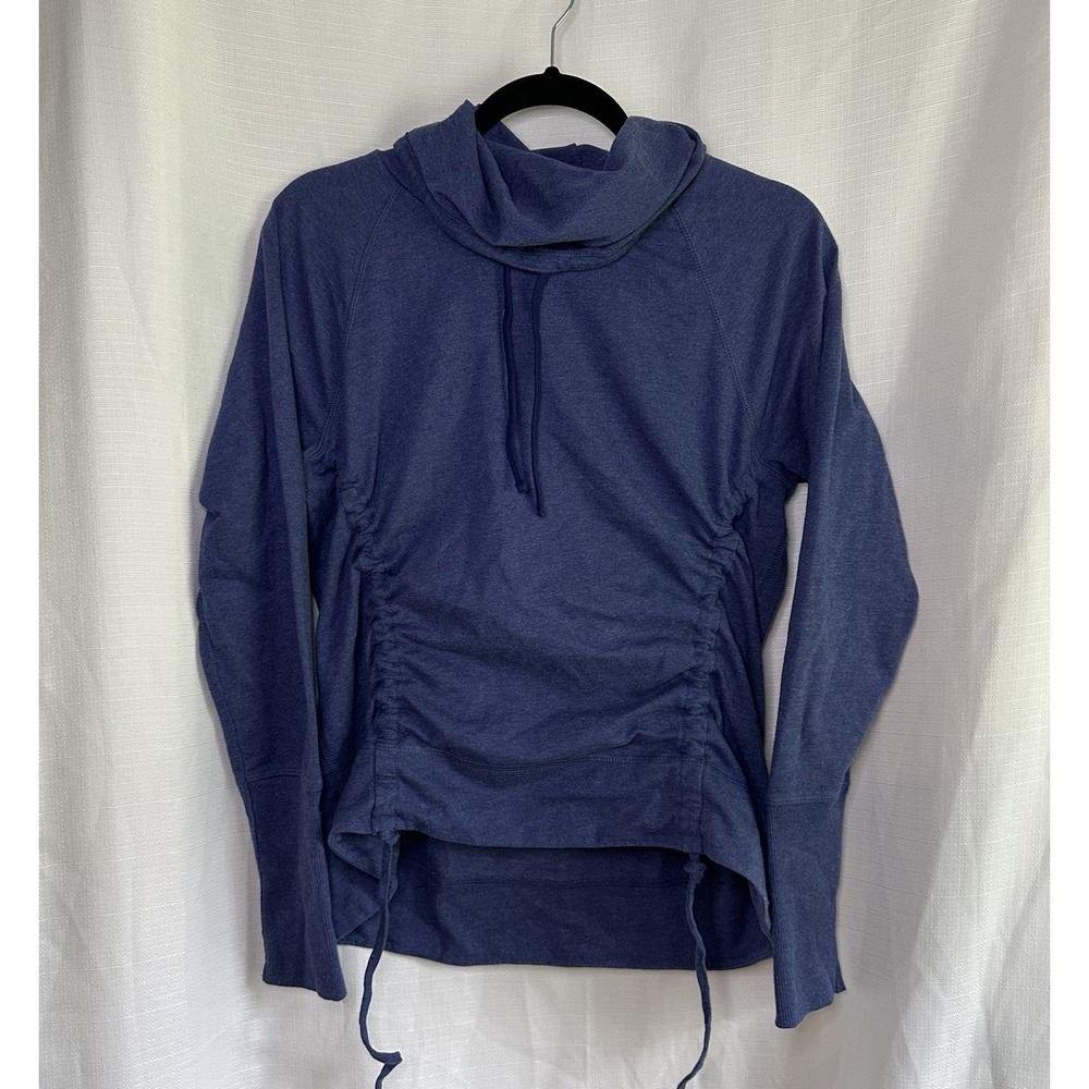 Lucy Women's Blue Athletic Fit Hoodie Top‎ Cowl Neck Ruched Sides Size L
